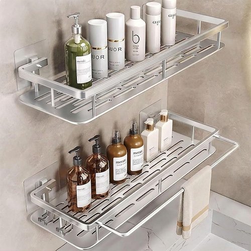 EVALAND Shower Caddy - Adhesive 2-Pack with Hooks & Rod | Premium Rustproof Bathroom Organizer, Silver