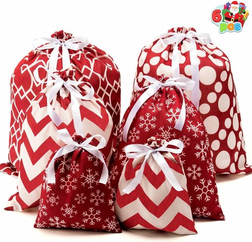 JOYIN Fabric Gift Bags - Elegant Red Design | 6-Pack in 3 Sizes for Holiday Present Giving