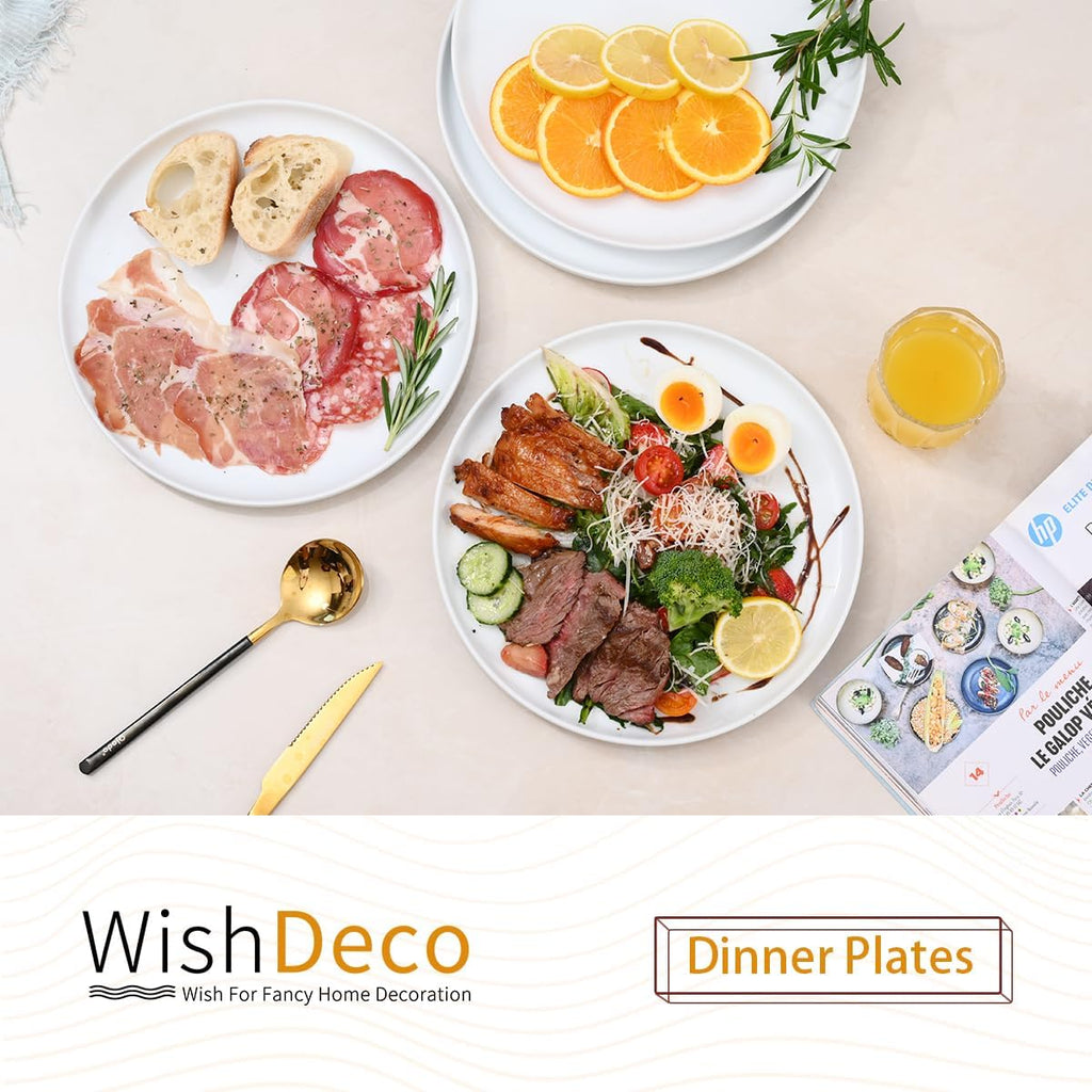 WishDeco White Dinner Plates Set of 4 - 10.5-Inch Ceramic Dining Plates | Microwave & Dishwasher Safe