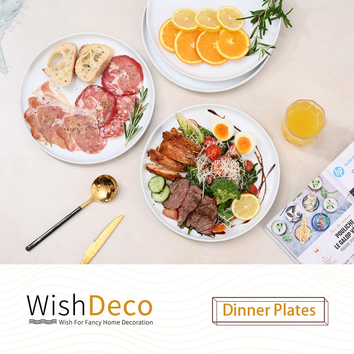 WishDeco White Dinner Plates Set of 4 - 10.5-Inch Ceramic Dining Plates | Microwave & Dishwasher Safe