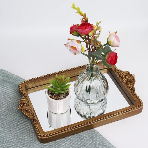 Hanna Roberts Vintage Gold Tray - Elegant Mirror Glass Base | Stylish Card Holder & Organizer (Gold)