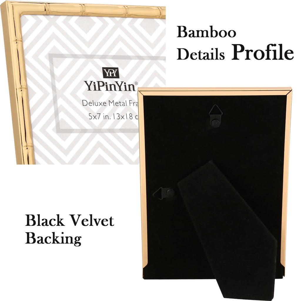 YiPinYin 8x10'' Bamboo Detail Gold Metal Picture Frame with Acid Free Mat for 5x7'' Set of 2,Narrow Gold Plated Photo Frames 5 x7'' With Soft Touch Velvet Backing for Desktop and Wall Décor