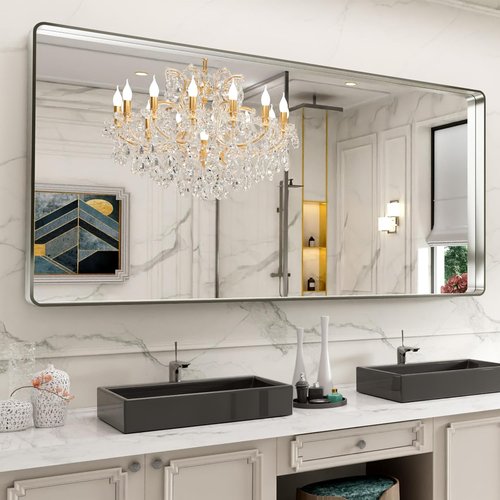 LOAAO Brushed Nickel Bathroom Mirror - 72x32 Inch Rounded Rectangle, Anti-Rust & Shatterproof Design