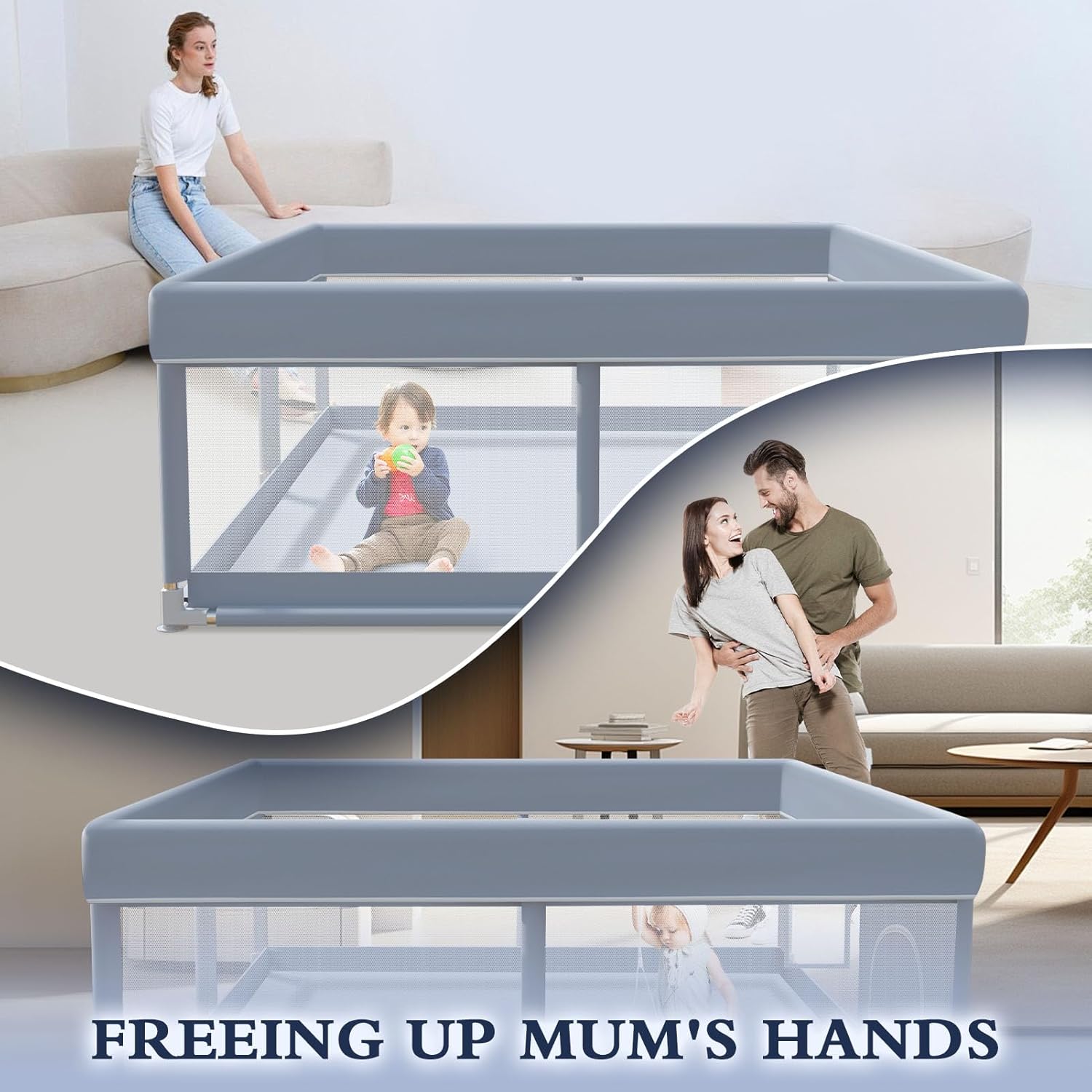 XVISHX Baby Playpen - 65 x 50 Inch Indoor & Outdoor Playard with Soft Breathable Mesh - Grey