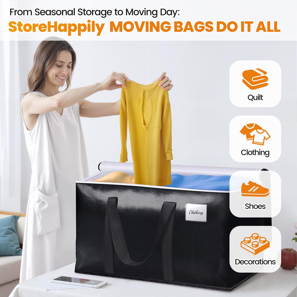 StoreHappily Heavy-Duty & Extra Capacity Moving Bags with Backpack Straps, Storage Totes with Double Zipper & Strong Handles, Packing Bags Alternative to Moving Boxes, Moving Supplies (6 Pack, Black)