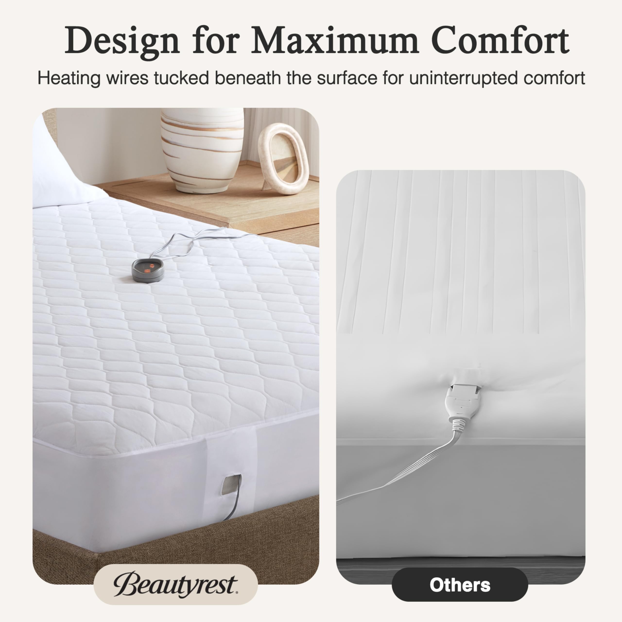 Beautyrest Cotton Blend Heated Mattress Pad Secure Comfort Technology - Luxury Quilted Electric Mattress Pad with Deep Pocket - 5-Setting Heat Controllers, Twin XL , White