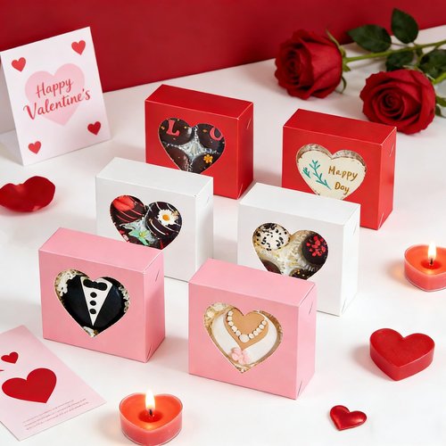 JCXGRVC 48PCS 4x4x2 Heart-Shaped Window Bakery Boxes in Pink,White, Red - Perfect for Cookie, Strawberries, Mini Bundt Cakes, Chocolate Truffles & Small Desserts-Wedding and Party Favors