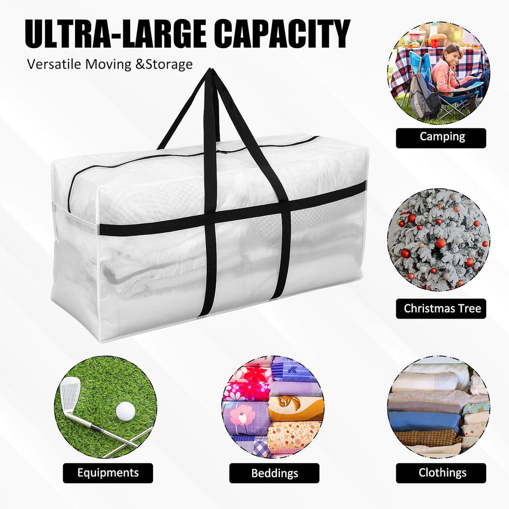 Skiennix 66 Gallon Extra Large Moving Bags - Heavy Duty Storage Tote with Strong Zipper Handle | Foldable Clear Design
