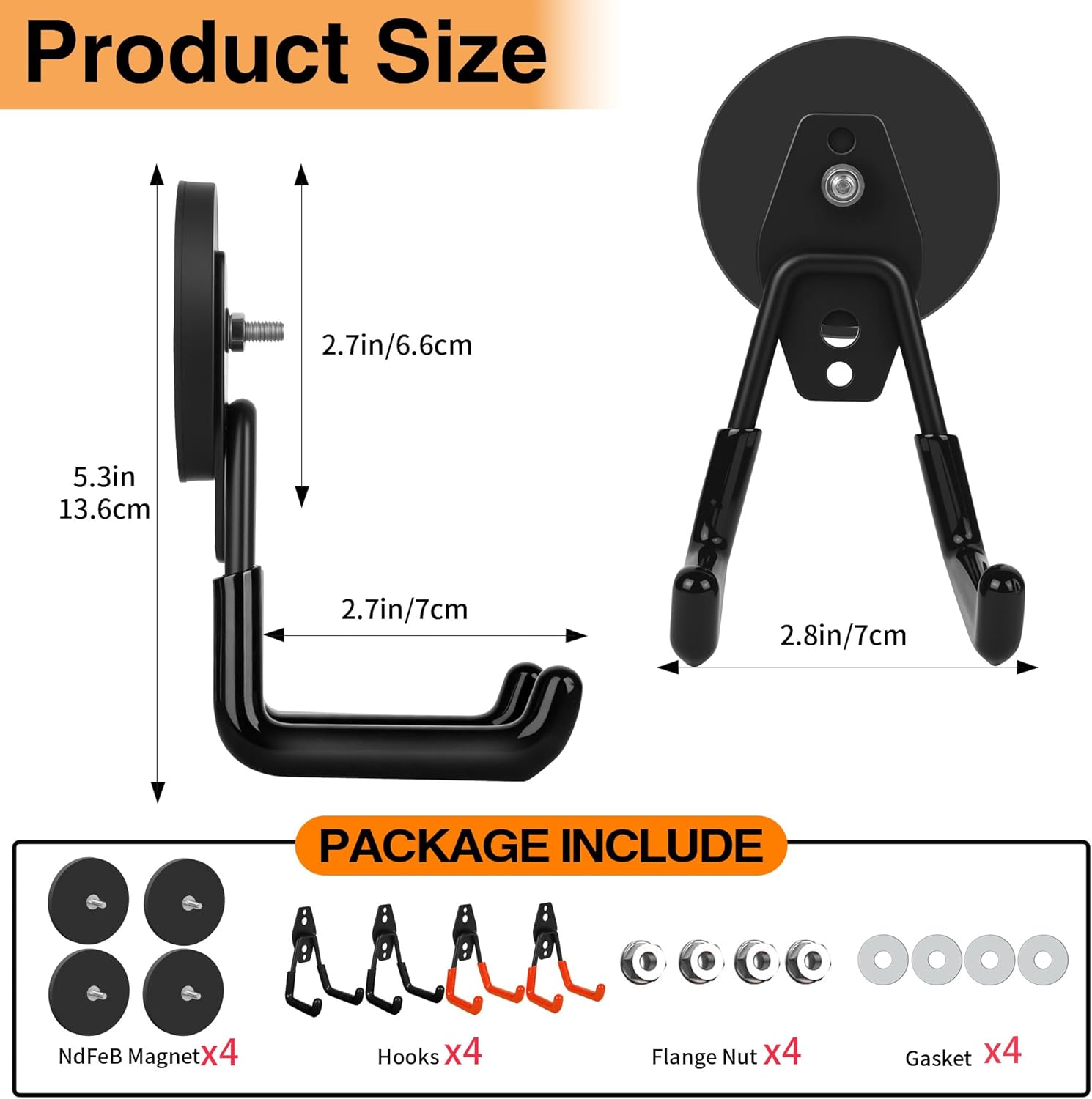 Skiennix Heavy Duty Magnet Hooks - No Damage Rubber Coated Design | 4 Pack in Orange & Black