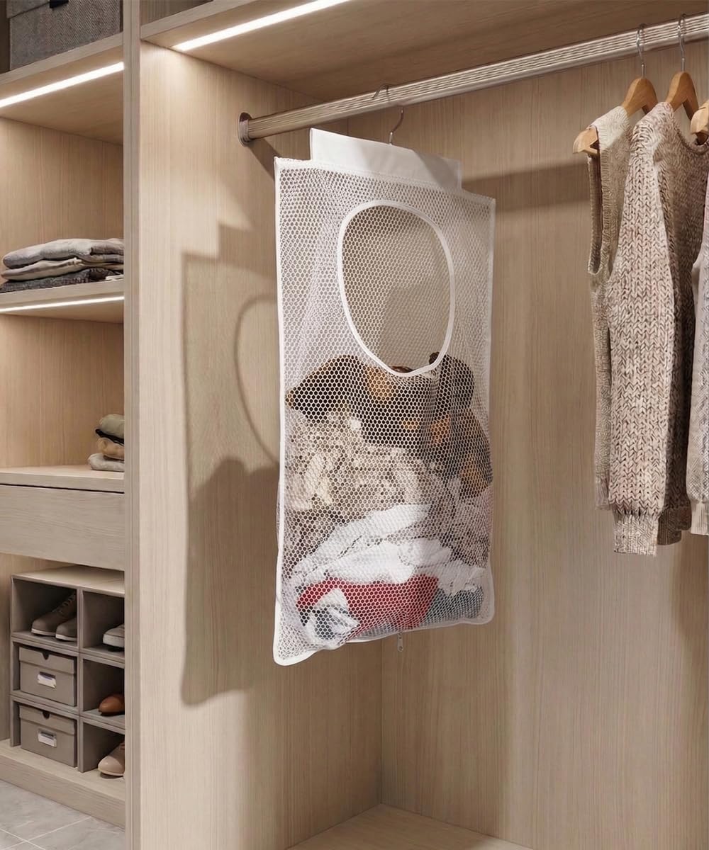 ALYER Breathable Mesh Laundry Hamper,Foldable Hanging Closet Storage Basket,Portable Space Saving Dirty Clothes Bag (White)