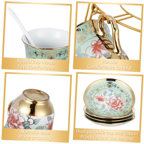 Zhehao 20 Pcs Porcelain Tea Set with Metal Holder and Spoon Adult Ceramic Tea Set European Flower Painting Teapot Cup Saucer Spoon for Women, Large Version (Fresh Style)
