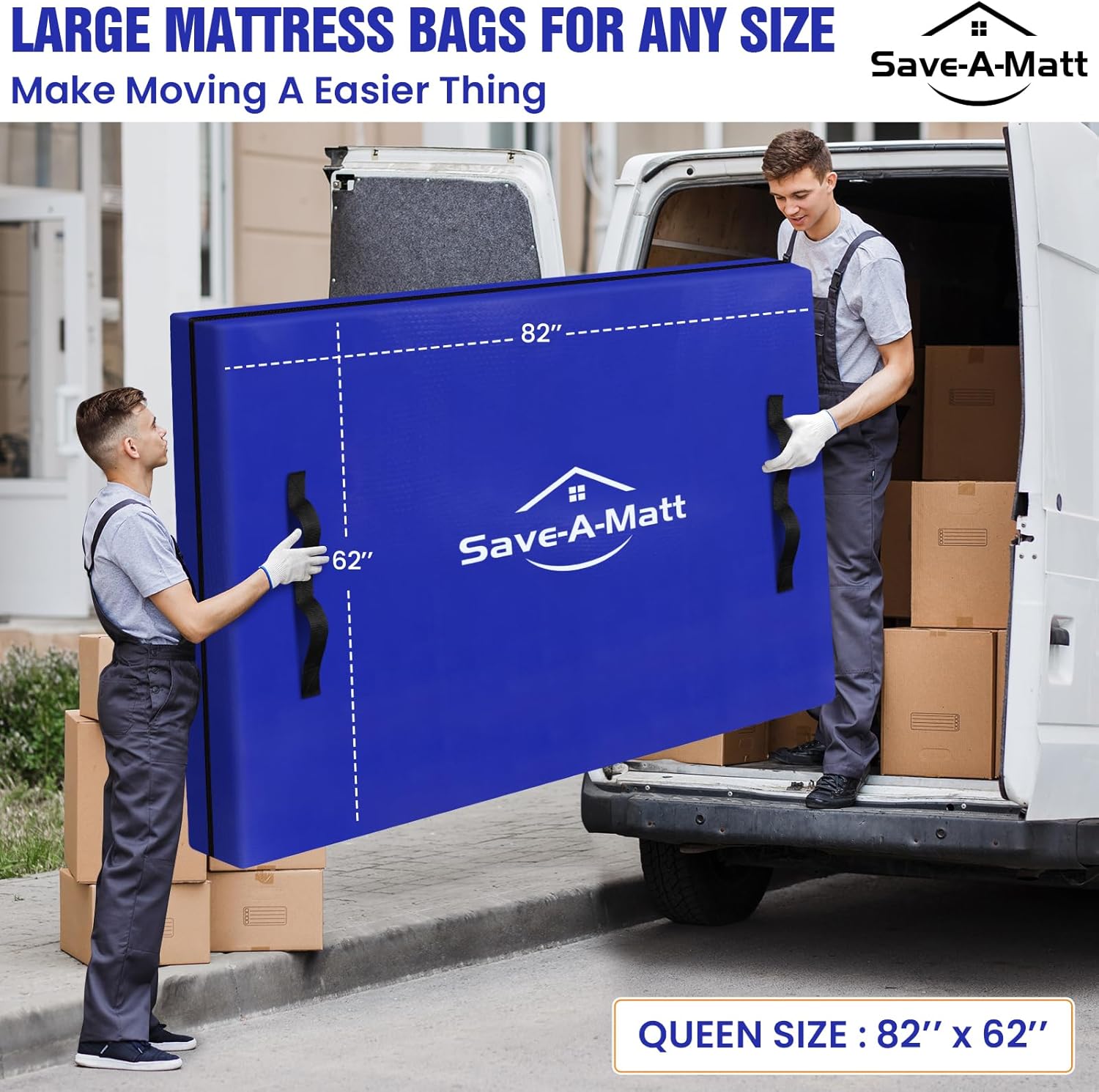 SaveAMatt Queen Mattress Bag - Extra Thick, Durable & Waterproof Moving Cover with Heavy Duty Handles (82”x63”x15”)
