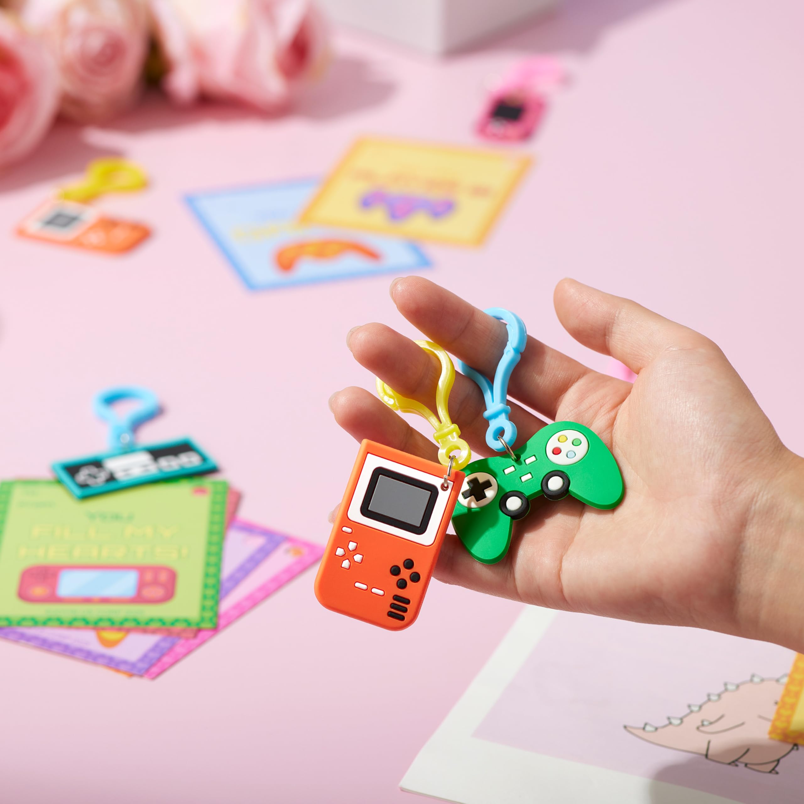 JOYIN 28 Pcs Valentines Day Gift Cards with Video Game Keychains, Multi Colored Keychains & Cards with 7 Designs, Valentine Treat Goodie Bag Stuffers for Kids Classroom School Exchange Prizes