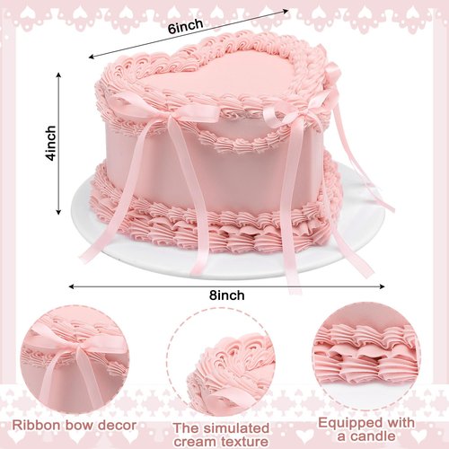 Remerry 6 Inch Pink Bow Fake Cake Coquettish Birthday Fake Cake Decor Pink Bow Heart Wedding Dessert Props Artificial Heart Dessert for Display Photography Props Women Birthday Wedding Gift