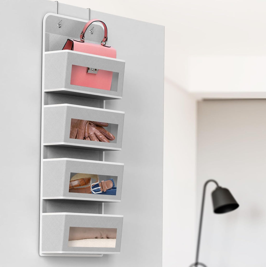 Simple Houseware 4-Pocket Over-Door Storage Organizer - Clear Window Design for Bedroom & Bathroom, Gray