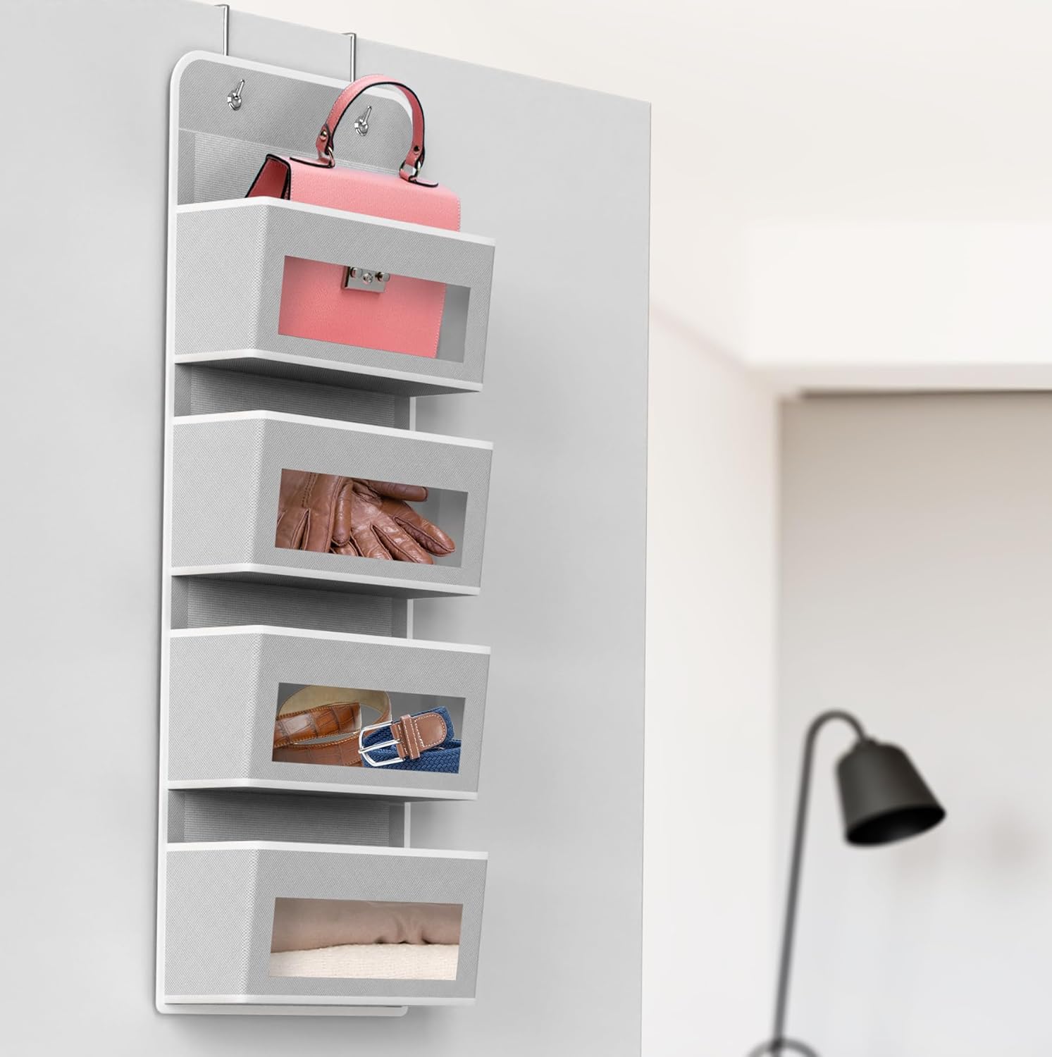 Simple Houseware 4-Pocket Over-Door Storage Organizer - Clear Window Design for Bedroom & Bathroom, Gray