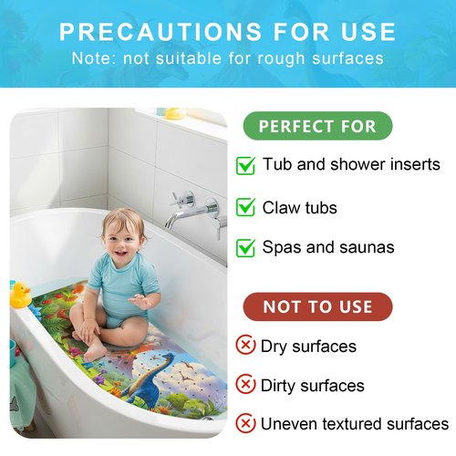 Upgrade Cartoon Baby Bath Mat Non Slip - 40"x16" Extra Long Bathtub Mat for Baby Eco Friendly Durable Bath Mat for Tub Non Slip Kids Tub Mat with Suction Cups, Machine Washable and No Fading, Dinosaur