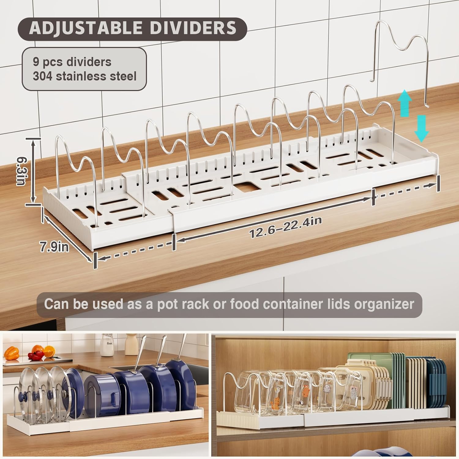 Magheo Expandable Food Storage Container Lid Organizers - 22" Under Cabinet Rack with 9 Adjustable Dividers (White)