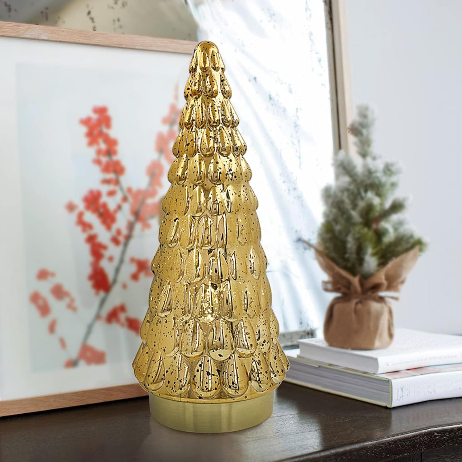 SHMILMH Gold Mercury Glass Christmas Tree - Set of 2 Battery Operated Tabletop Xmas Trees | 10" Decor