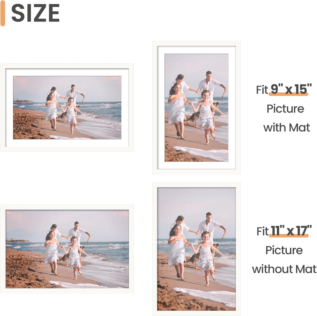Upsimples 11x17 Picture Frame Set of 5 - Versatile Wall Gallery Frames for 9x15 or 11x17 Photos | White
