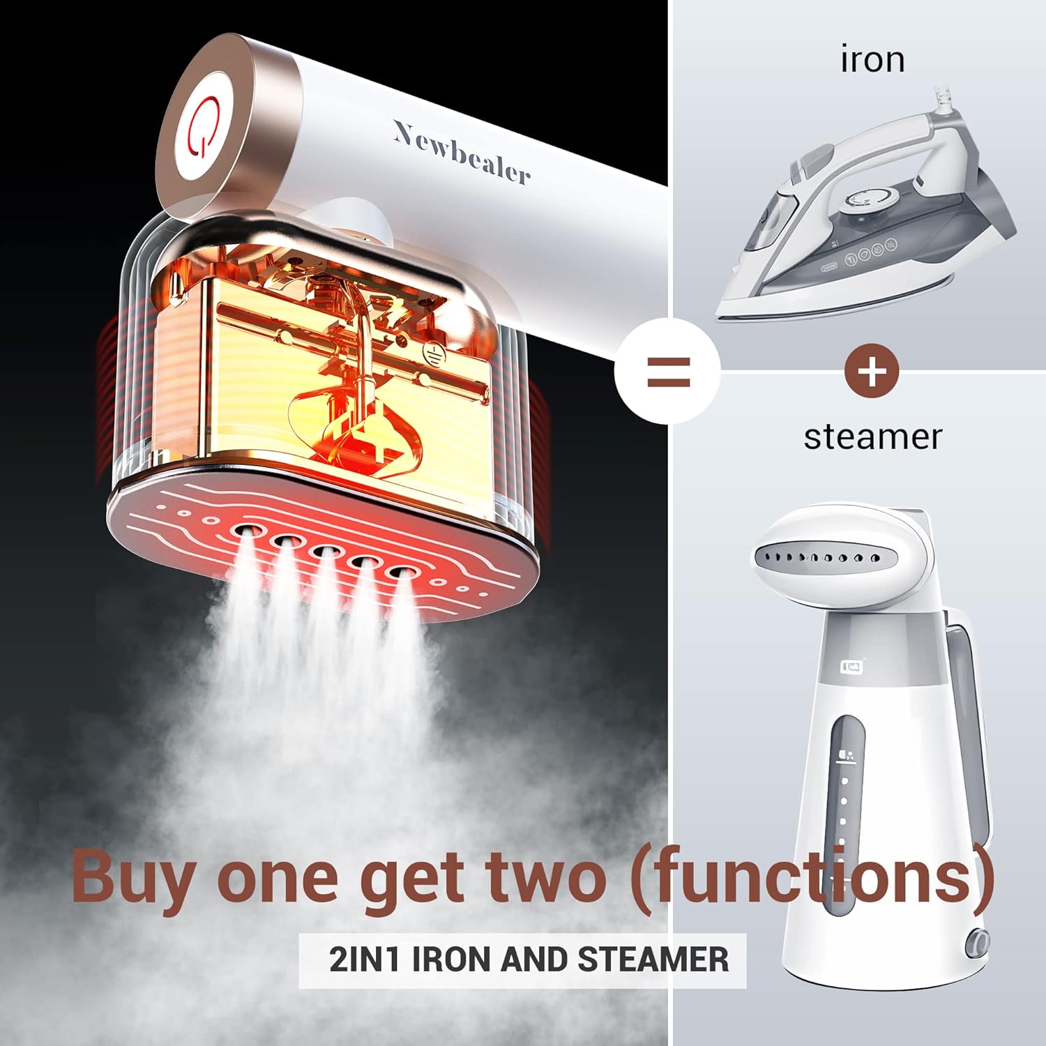 Newbealer Portable Clothes Steamer - 1200W Fast Heat-Up, 2 Steam Levels, Vertical & Horizontal Use, 302°F Wrinkle Remover