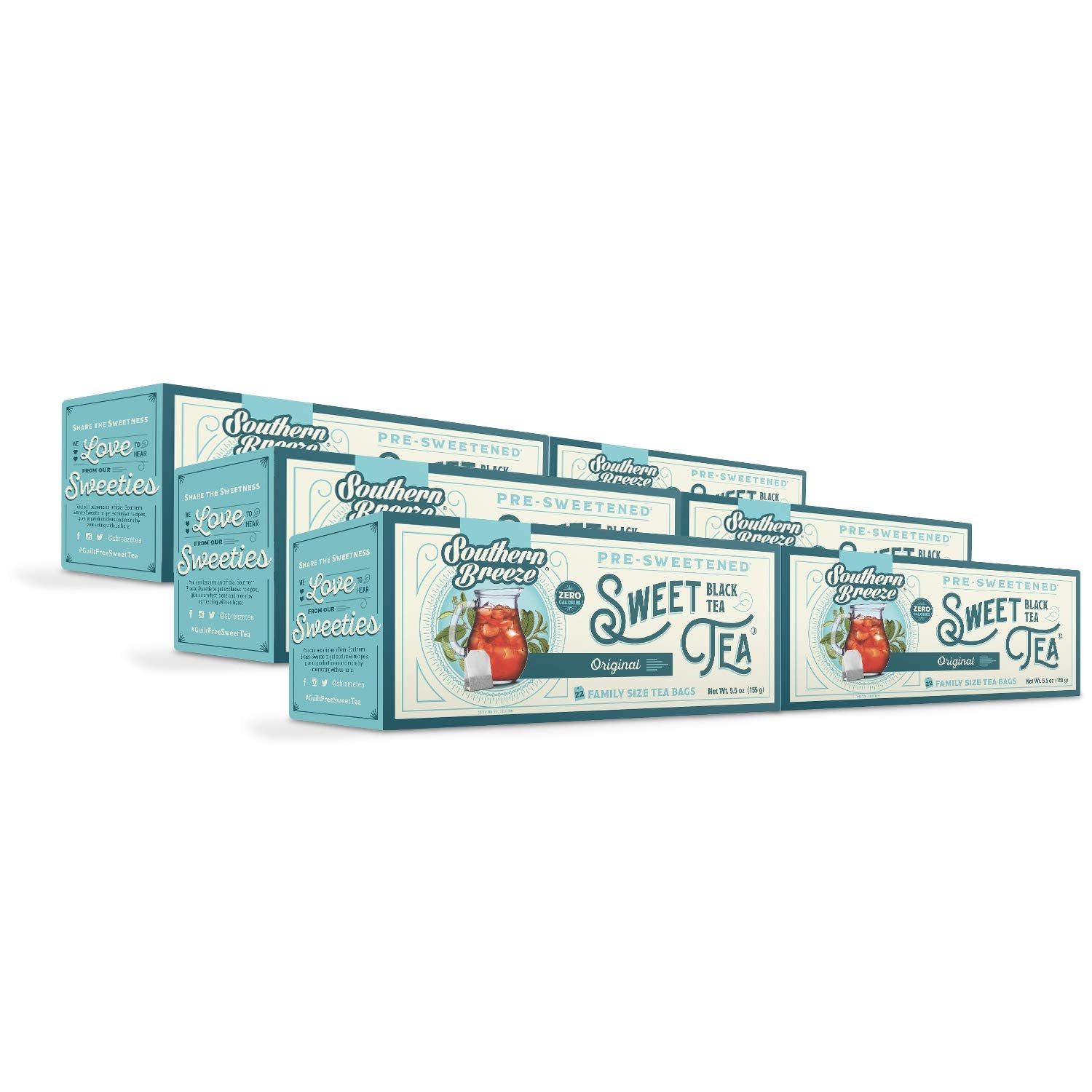 Southern Breeze Hot Brew Sweet Tea Original Iced Tea with Black Tea and Zero Carbs Zero Sugar, 22 Family Size Tea Bags, Pack of 6