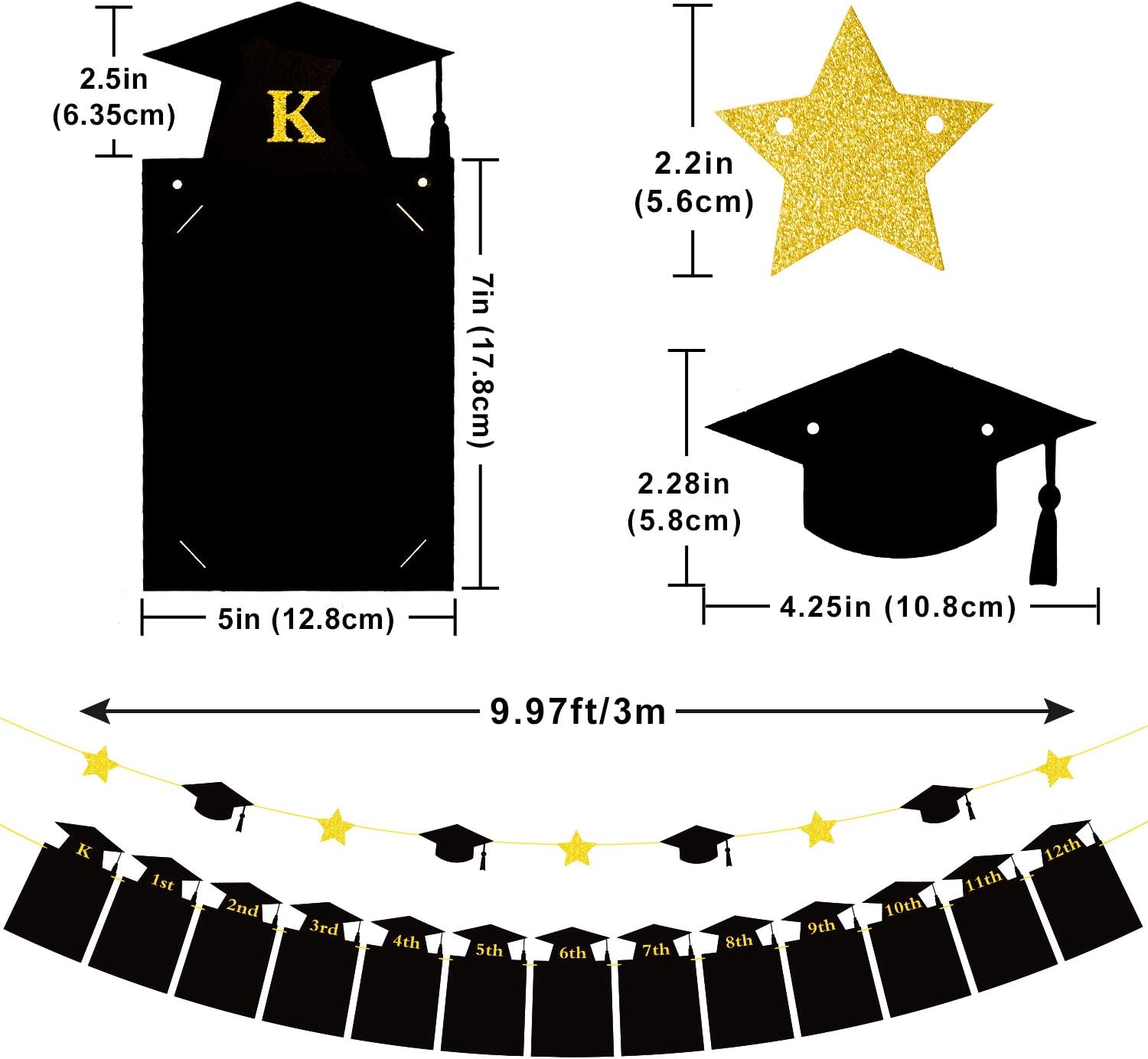 Whaline Graduation Photo Banner - No DIY Required Hanging Bunting | Black Gold Glitter, 5 x 7 Inch