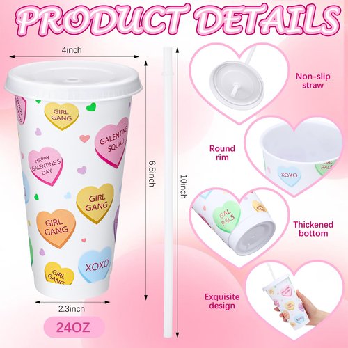 Potchen 12 Sets Galentines Day Party Favors Gifts 24oz Conversation Hearts Tumbler with Lid and Straw Plastic Cup Bulk Galentines Valentine Gifts for Coworkers Women Girl Gang Valentine Party Supplies