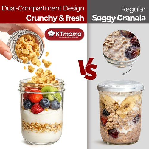 KTMAMA 4 Pack Glass Yogurt Parfait Cups with Lids, 16+4oz Reusable Containers with Dry & Wet Separation, Leak-Proof for Overnight Oats, Meal Prep, Portable to Work & School, Easy Clean
