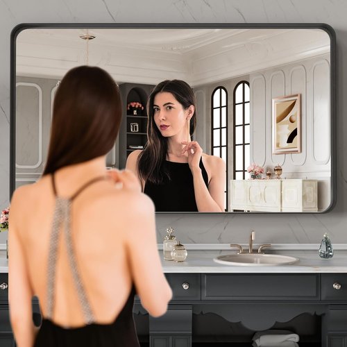 LOAAO Black Metal Framed Bathroom Mirror - 48x28 Inch Matte Black Vanity Mirror | Anti-Rust, Tempered Glass, Versatile Hanging Options