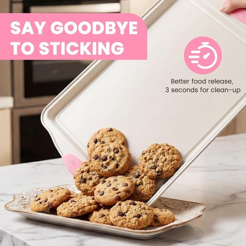 Kikcoin Nonstick Baking Pans Set - 22 PCS Stackable Bakeware with Silicone Handles | 450°F Oven Safe, Pink