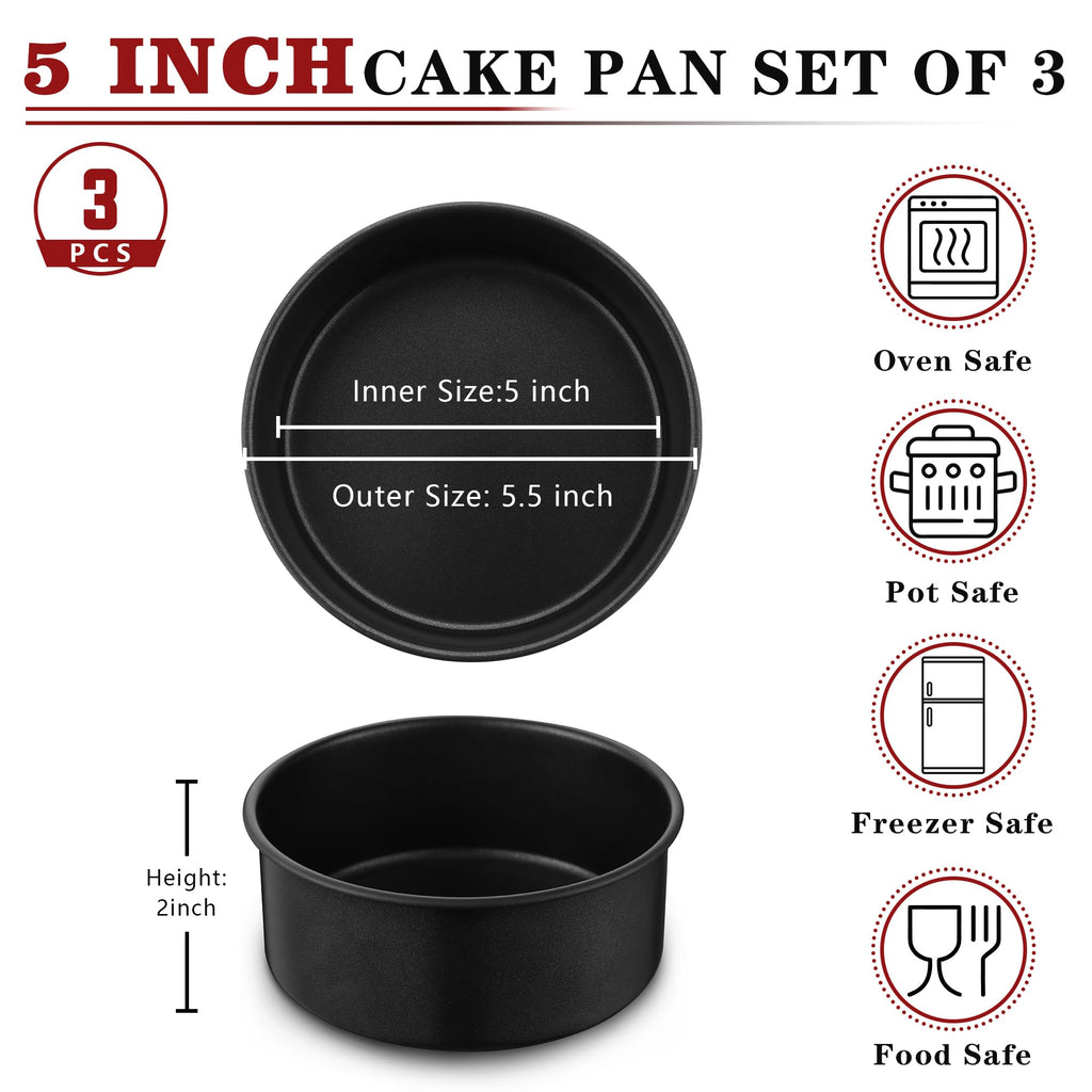 E-far 5 Inch Cake Pan Set of 3, Nonstick Stainless Steel Small Baking Pans Tins, Round Bakeware for Layer Cakes, Stainless Steel Core & Non-Toxic Coating, Straight Side & 2 Inch Deep