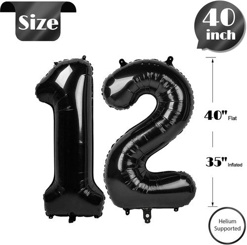 Black Number 12 Balloon - 40 Inch 12th Birthday Decoration for Boys & Girls Party Supplies