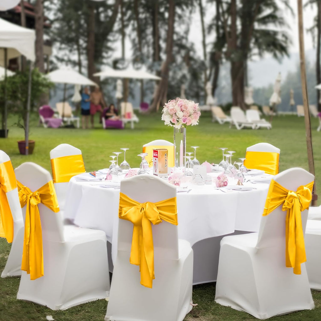 Regine Switzerland Satin Chair Sashes - 50 Pcs Gold Ribbon Bows for Weddings & Events | 7x108 Inch