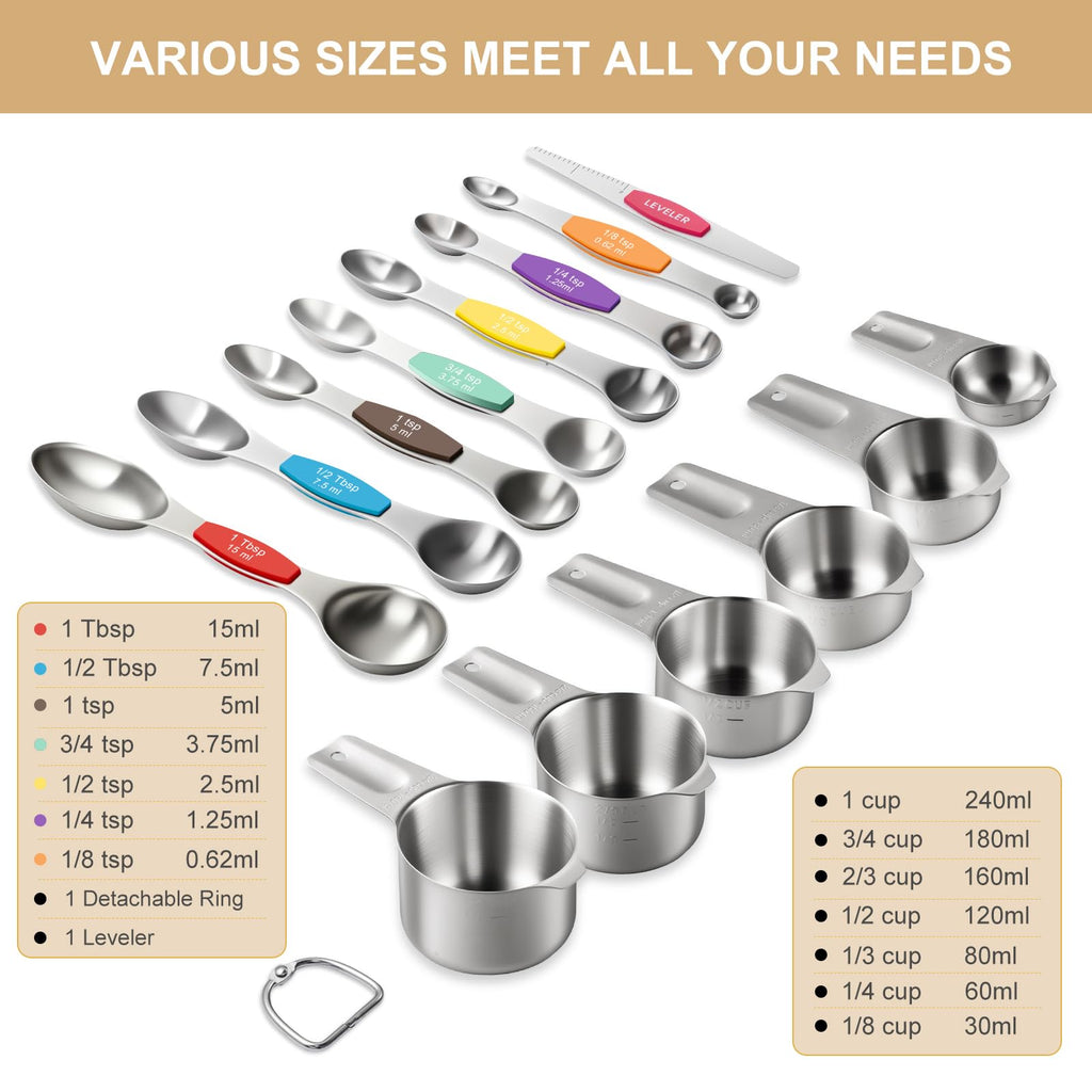 Stainless Steel Measuring Cups & Spoons Set, EWFEN Kitchen Tools Nesting Measuring Cups and Spoons, Fits in Spice Jars for Baking & Cooking, BPA Free, Set of 15 with Leveler, Multicolor