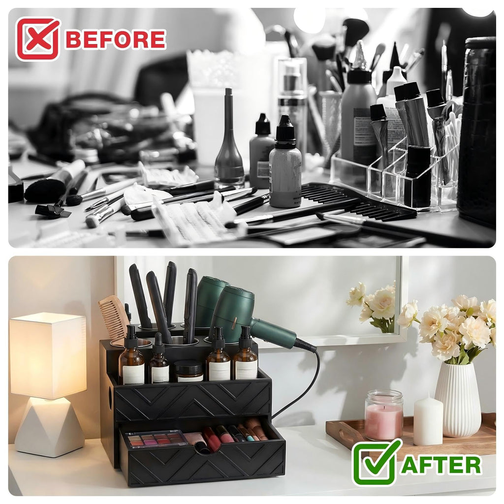 AceOrbit Hair Tool Organizer with Drawer, Hair and Makeup Bathroom Vanity Organizers and Storage Fits Blow Dryer, Curling Iron, Makeup Brushes, Skincare, Hot Tools Organizer for Tidy Counter(Black)