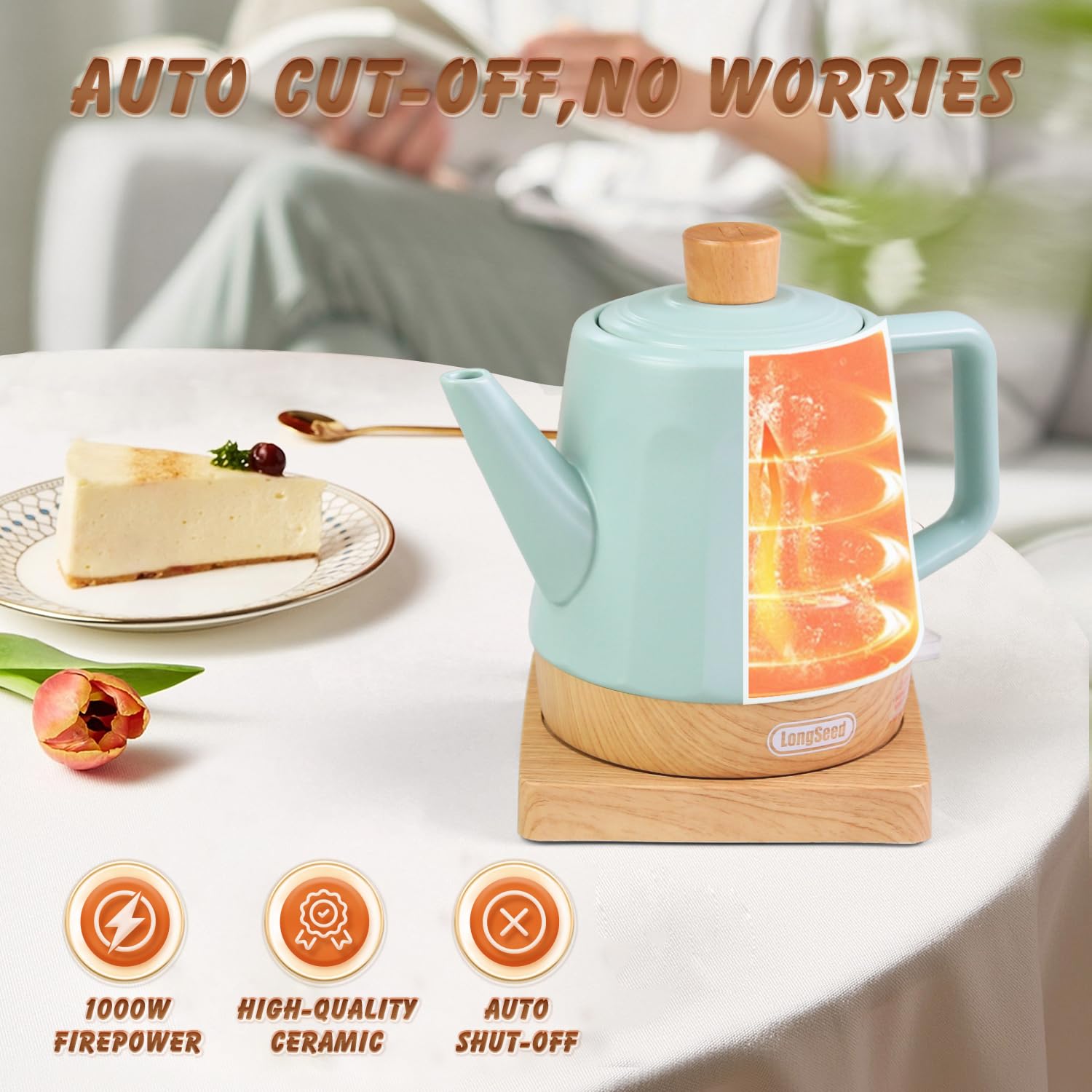 LONGSEED Electric Kettle Ceramic 1.2 qt, Automatic Shut Off, Fast Boiling Kettles Teapot, Hot Water Boiler For Coffee & Tea, Prevent Boil Dry, 1000W, Milky Green