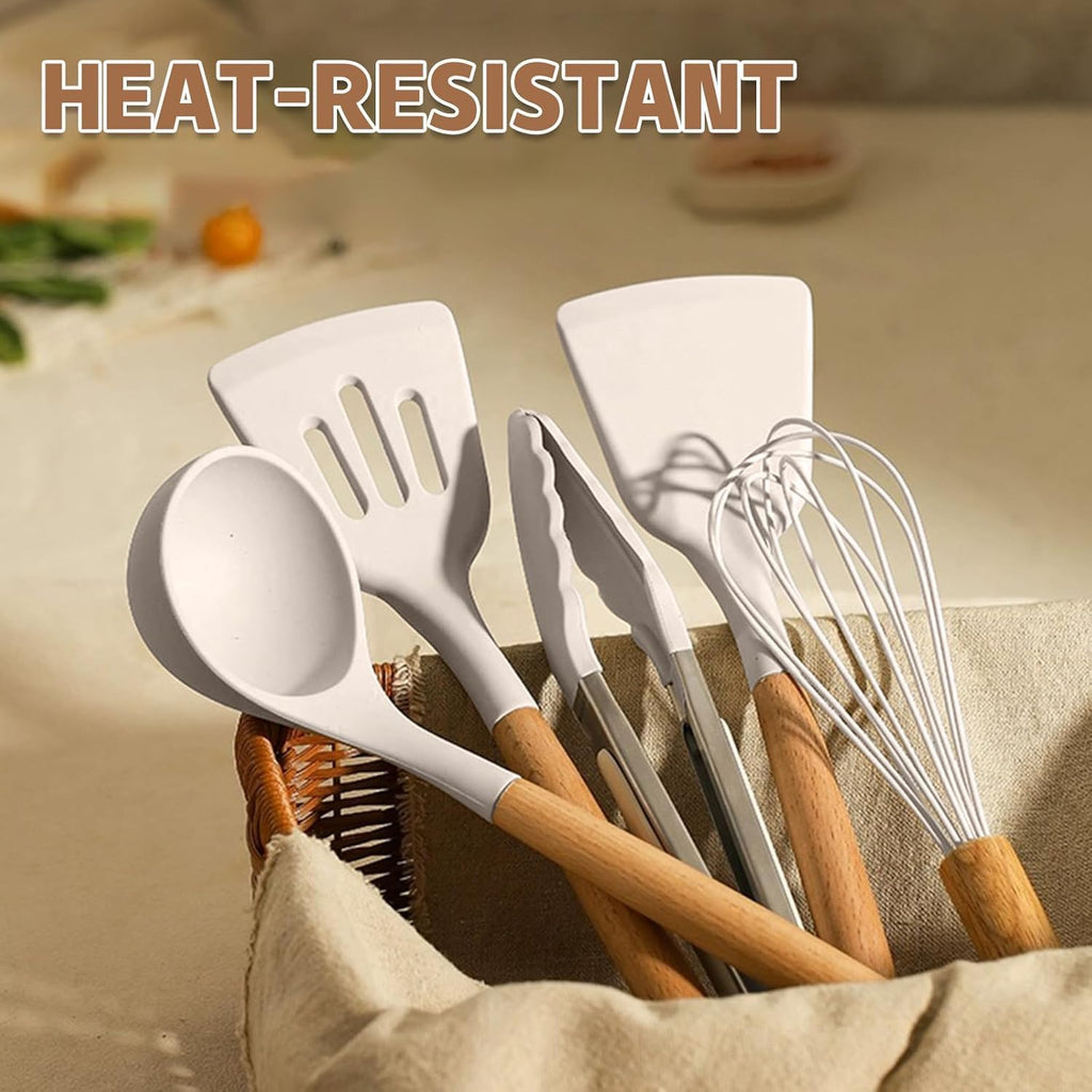 Umite Chef 33-Piece Non-Stick Silicone Cooking Utensils Set - Wooden Handle & Holder (Khaki)