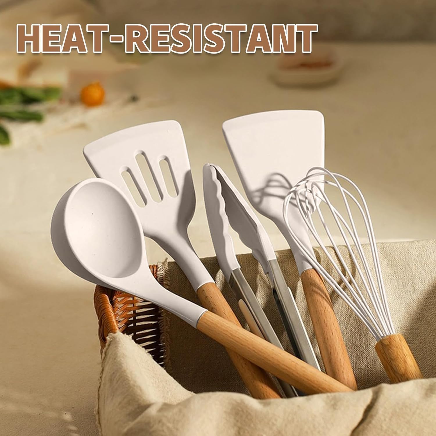 Umite Chef 33-Piece Non-Stick Silicone Cooking Utensils Set - Wooden Handle & Holder (Khaki)