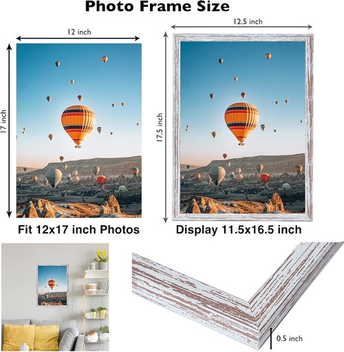 JCJMY 12x17 Rustic White Picture Frame - Versatile Wall Mounting for Horizontal or Vertical Display