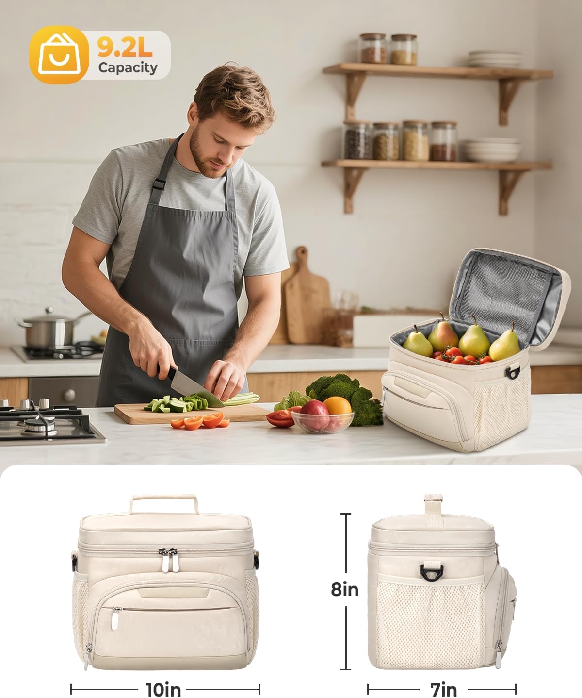 Skiennix Insulated Lunch Box - Leakproof Soft Cooler Tote Bag with Adjustable Strap for Adults | Beige, 12-Can (8L)