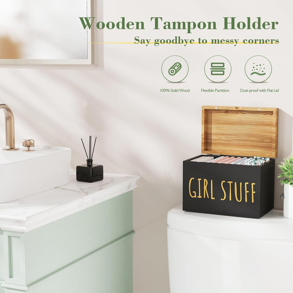 Skiennix Tampon Holder - Stylish Bathroom Organizer with Hinged Lid | Black Feminine Storage Box