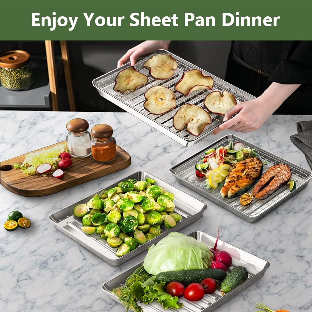 ROTTAY Small Baking Sheet Pan Set - 2 Stainless Steel Cookie Sheets with Wire Racks | Heavy Duty, Warp Resistant, 9 x 7 x 1 Inches