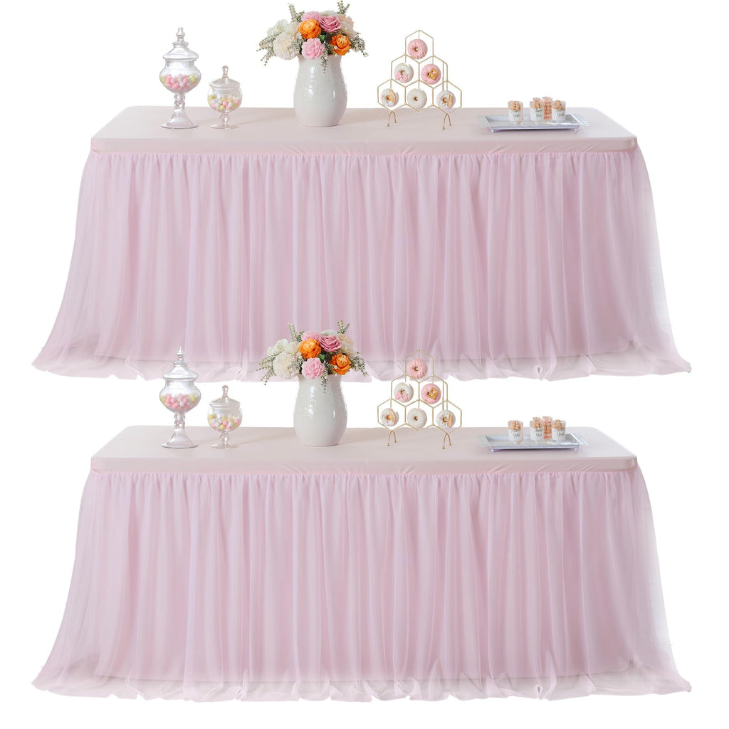 familus Pink Table Cloths 6 Foot Rectangle 2 Pack Stretch Ruffle Tulle Tablecloth Spandex Fitted Table Cover for 6 Foot Tulle Table Skirts for Party Wedding Table Cloths, Banquets