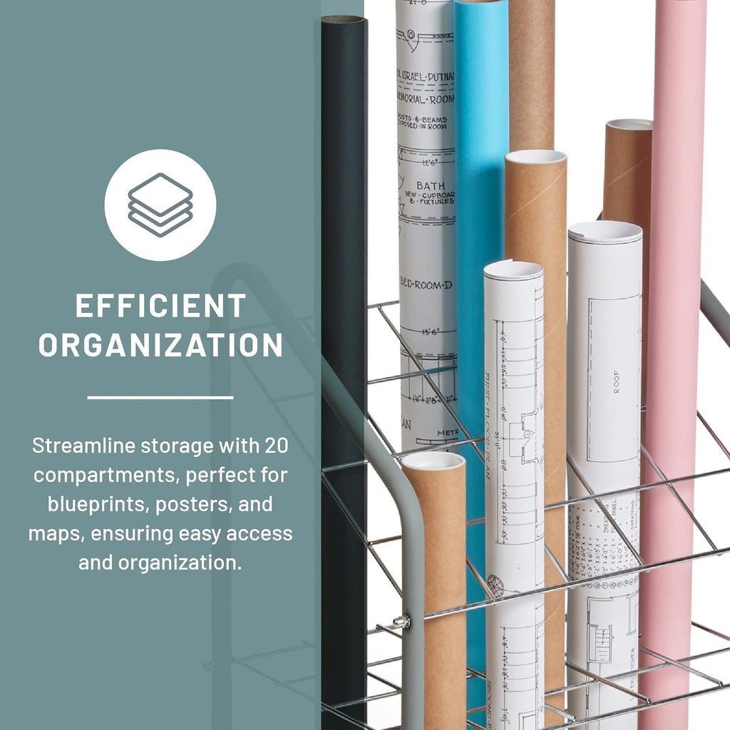 Safco Tubular Steel Wire Roll File Cart - 20 Compartment Rolling Organizer for Documents & Blueprints