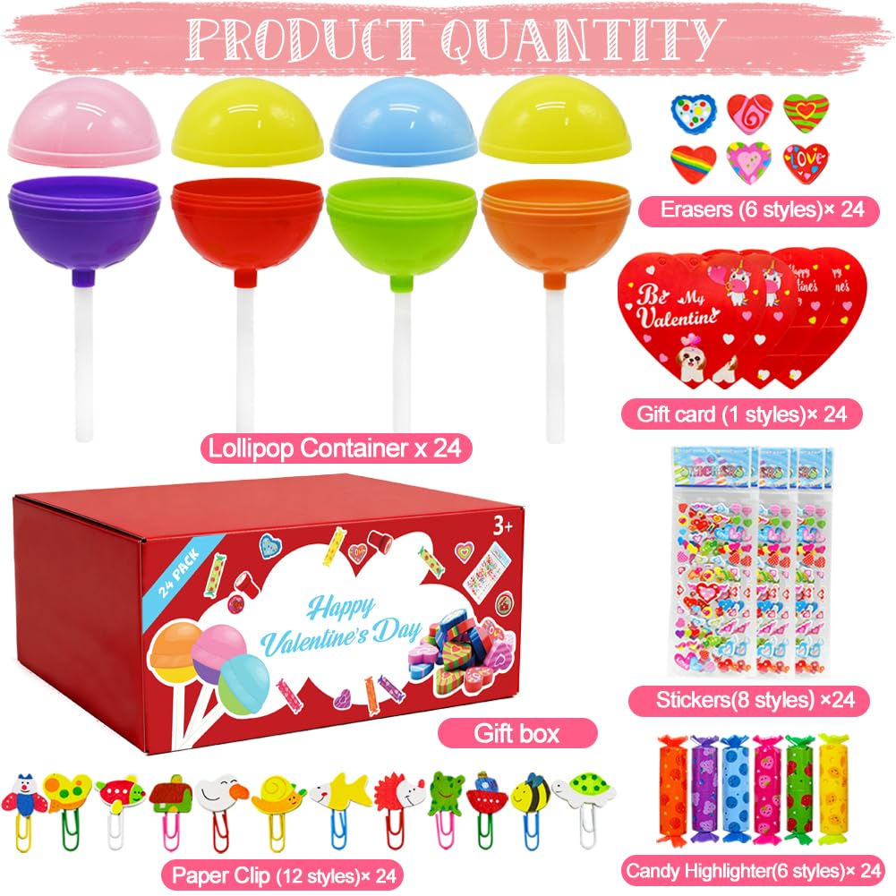 WODMAZ 24 Pack Lollipop-Shaped Stationery Set with Cards Highlighters Stickers Erasers Paperclips for Classroom Gifts Exchange, Easter Stationery Gifts, Goodies Bag Prizes