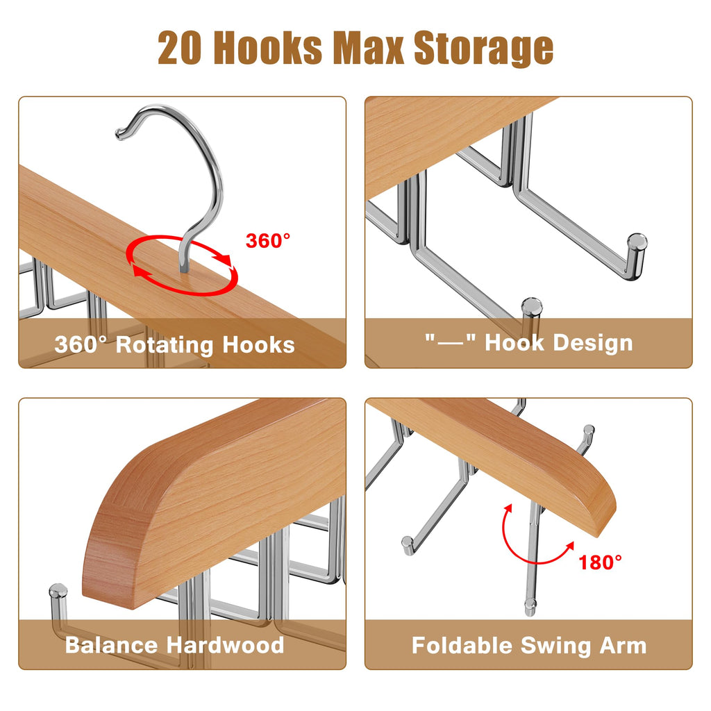 Cycleacc Tie Rack Hanger for Closet, 2 in 1 Belt Tie Hangers with 20 Folding Hooks, 360 Degree Rotating Wooden Tie Holder Organizer for Men Ties Belts Scarves Tank Tops Accessories, Wood (1 Pack)