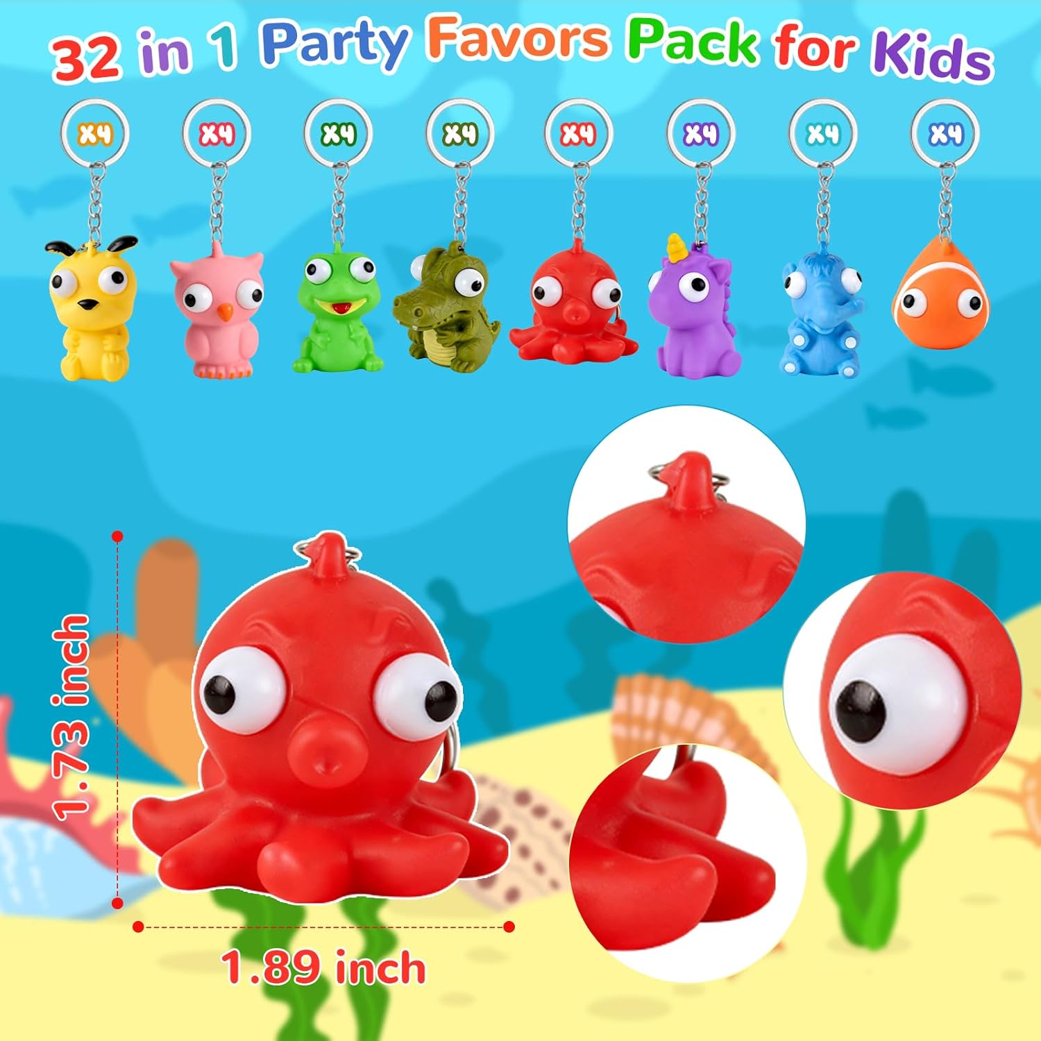 Squishy Toys - 32 Pack Popping Eyes Animal Keychains | Fun Fidget Party Favors for Kids