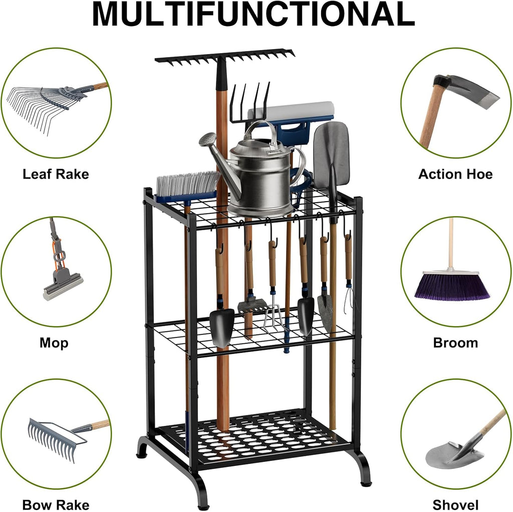 RANXFLOAT Garden Tool Organizer - Metal Tool Holder with 6 Hooks for Up to 35 Long-Handled Tools | Black