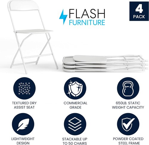 Flash Furniture Hercules Series Folding Chairs - Comfortable White Plastic - 4 Pack, 650LB Capacity